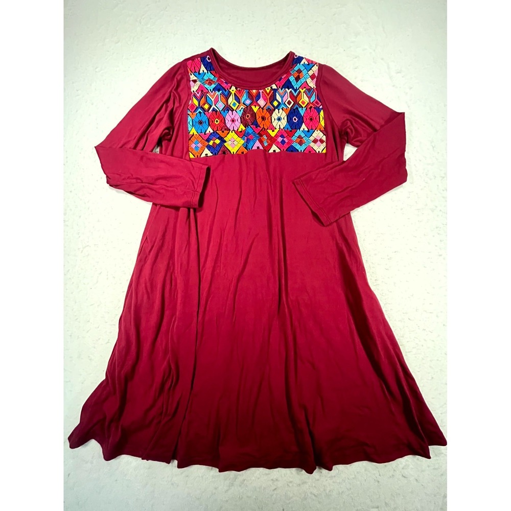 Women Swing A Line Dress Medium Burgundy Boho Embroidered Long Sleeve Round Neck